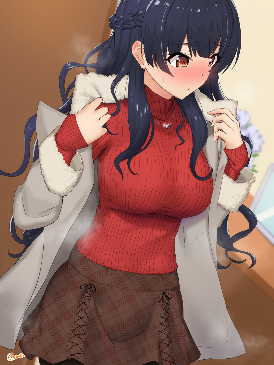 1girl, :o, bangs, black_hair, black_legwear, blush, braid, breasts