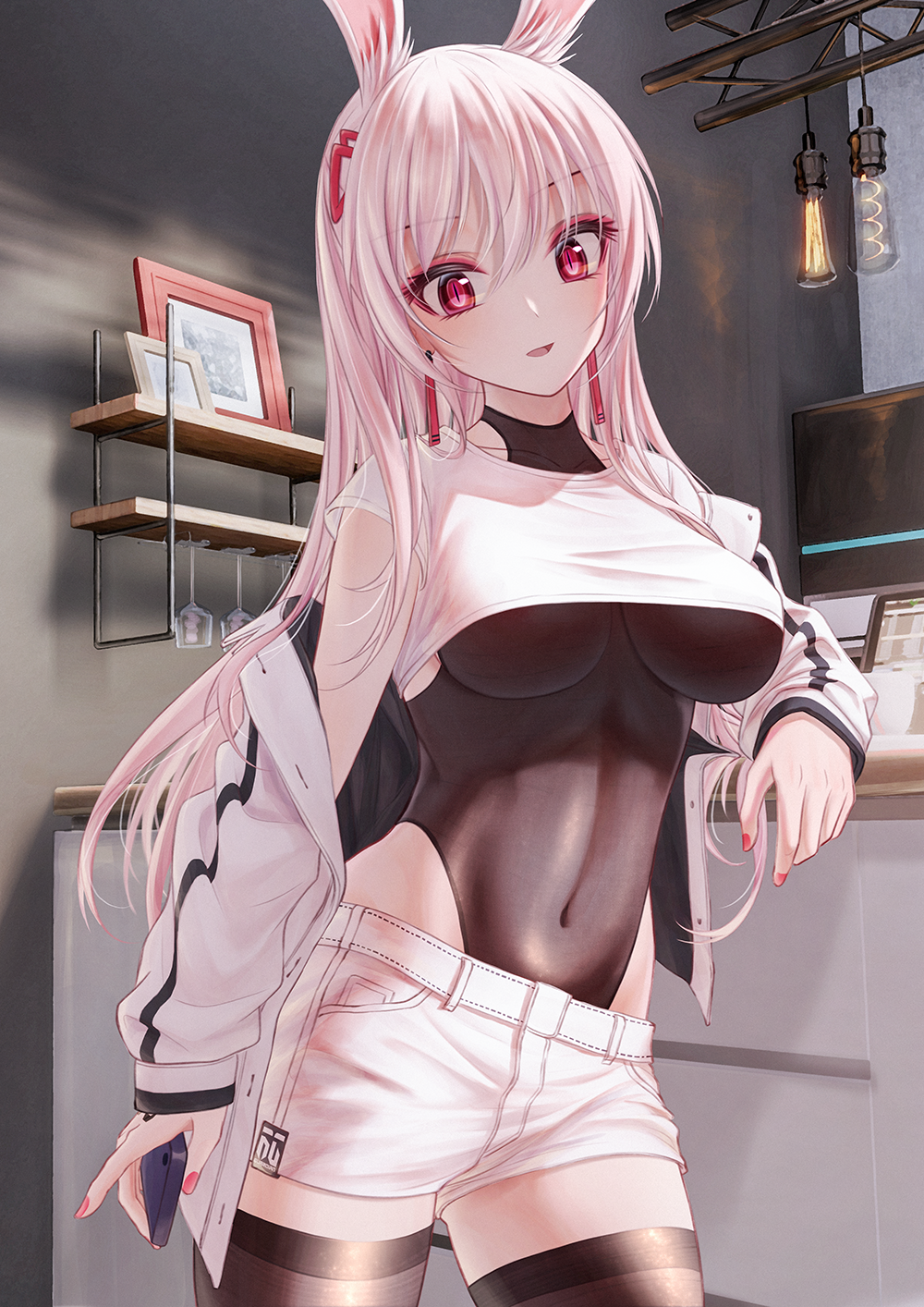 1girl, animal_ears, bae.c, bodystocking, breasts, brown_legwear, collarbone, covered_navel