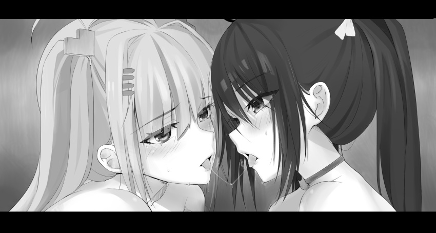 2girls, after_kiss, ahoge, bangs, blush, commentary_request, eye_contact, eyebrows_visible_through_hair