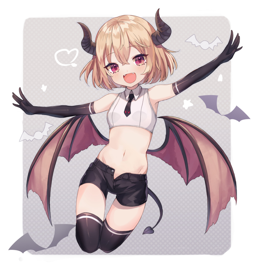 :d, absurdres, bat_wings, black_gloves, black_horns, black_neckwear, black_shorts, blonde_hair