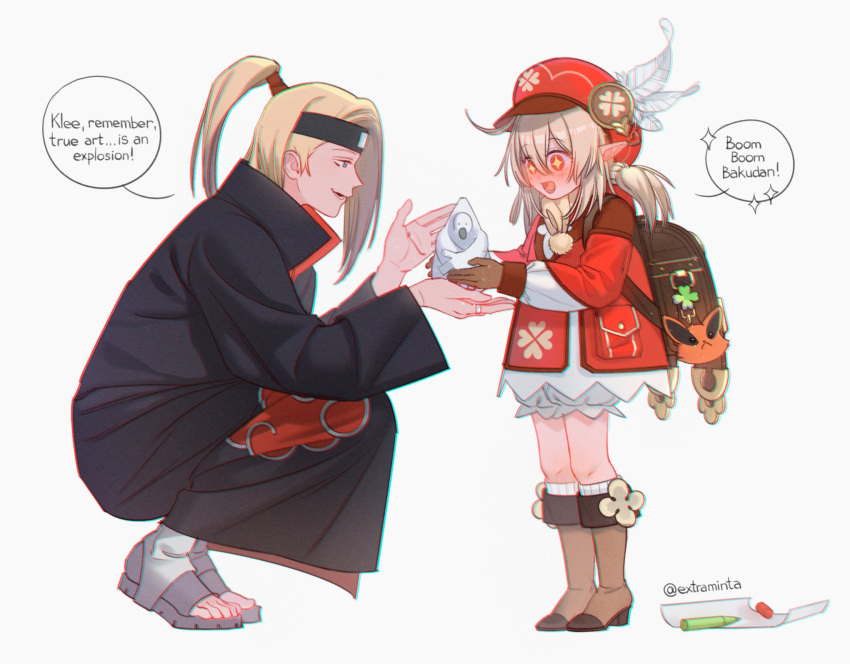 1boy, 1girl, akatsuki_(naruto), akatsuki_uniform, blonde_hair, bomb, boots, brown_bag, brown_footwear, clover, clover_print, crayon, crossover, deidara, dress, extra_minta, fold-over_boots, four-leaf_clover, genshin_impact, hair_over_one_eye, hat, hat_feather, high_ponytail, highres, klee_(genshin_impact), kneeling, long_hair, low_twintails, medium_hair, naruto, naruto_(series), paper, pocket, pointy_ears, red_dress, red_headwear, short_twintails, trait_connection, twintails, very_long_hair