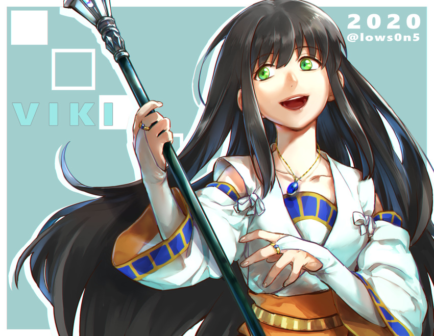 1girl, 2020, :d, bangs, black_hair, blue_background, border, bridal_gauntlets, character_name, collarbone, commentary_request, dated, detached_sleeves, gensou_suikoden, gensou_suikoden_ii, green_eyes, highres, holding, holding_staff, ikunosake, jewelry, long_hair, looking_to_the_side, necklace, open_mouth, sidelocks, smile, solo, staff, twitter_username, upper_body, very_long_hair, viki_(suikoden), white_border, white_sleeves