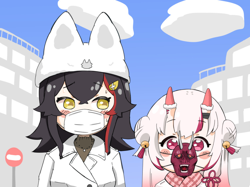 2girls, animal_ears, bell, black_hair, city, double_bun, hair_bell, hair_ornament