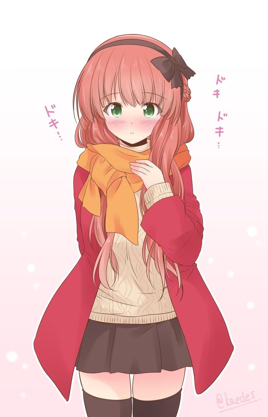 1girl, bangs, beige_sweater, black_hairband, black_legwear, black_skirt, blunt_bangs, braid