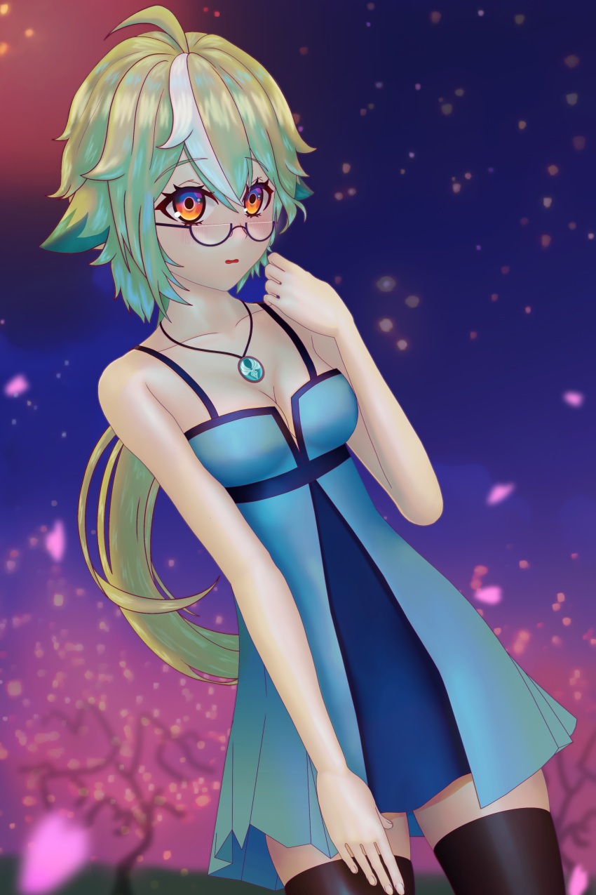 1girl, absurd_fox, anime_girl, blue_dress, dress, genshin_impact, glasses, green_hair
