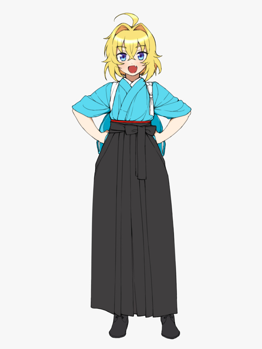 1girl, :d, ahoge, bangs, black_footwear, black_hakama, blonde_hair, blue_eyes