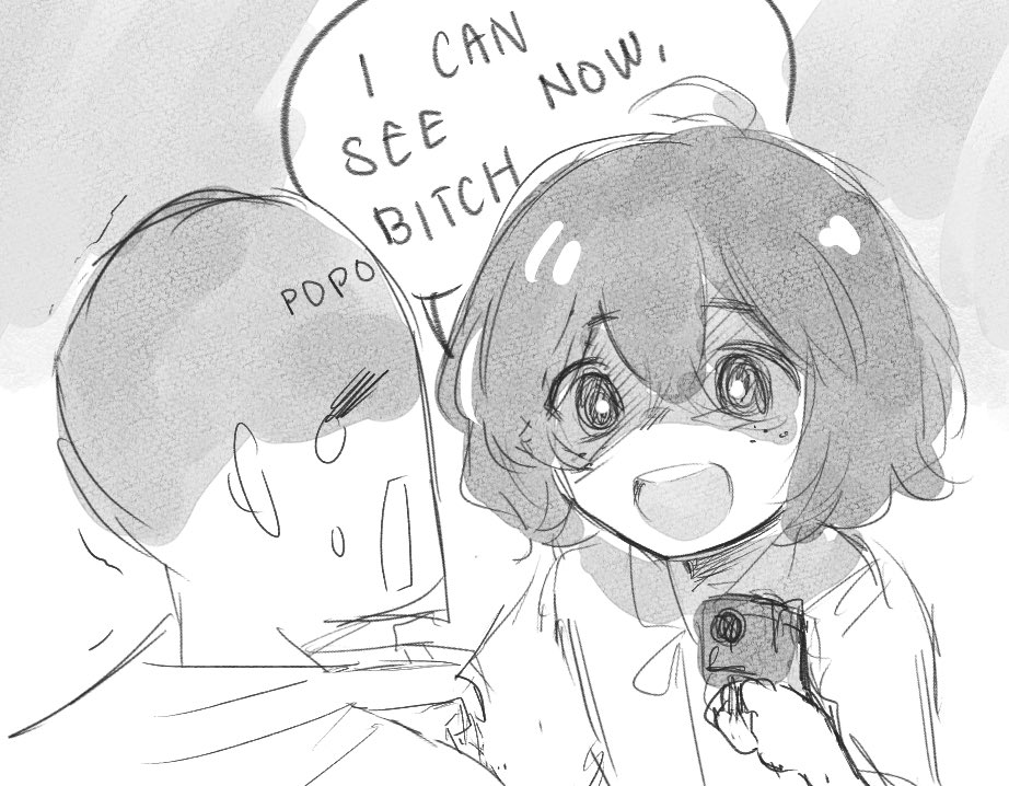 1boy, 1girl, bald, bangs, blind_girl_(popopoka), body_writing, borrowed_character, character_name