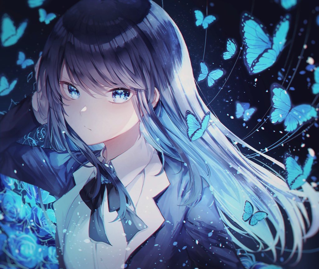 1girl, ado_(singer), arm_up, bangs, black_hair, black_jacket, black_neckwear, blue_butterfly