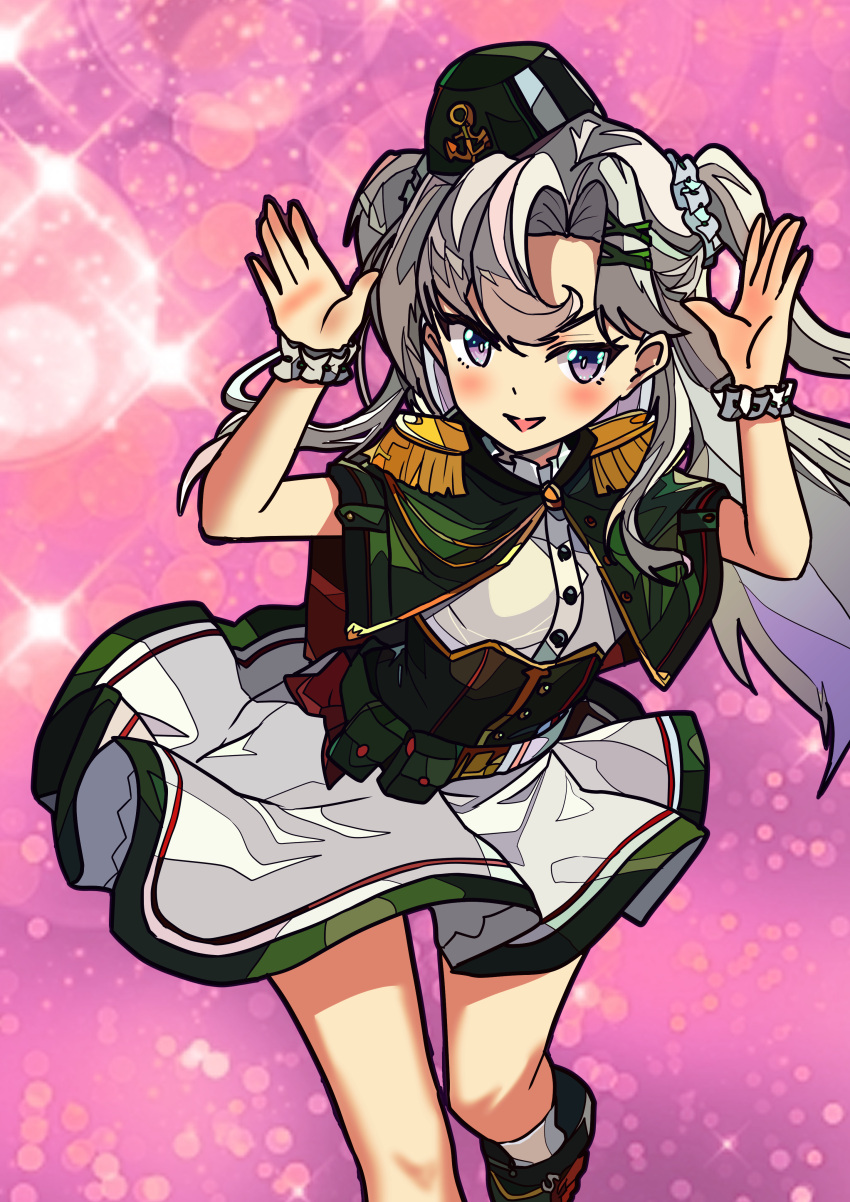 1girl, absurdres, anchor_symbol, azur_lane, belt, buttons, capelet, dress, epaulettes, green_capelet, green_corset, green_dress, green_footwear, green_headwear, grey_hair, hair_ornament, hair_scrunchie, highres, long_hair, looking_at_viewer, nicolanicconico, scrunchie, sleeveless, sleeveless_dress, solo, two-tone_dress, vincenzo_gioberti_(azur_lane), violet_eyes, white_dress, white_scrunchie, x_hair_ornament