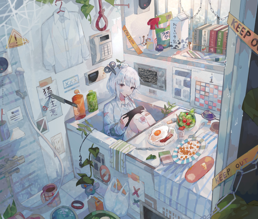 1girl, absurdres, artist_name, bag, bandaged_leg, bandages, bandaid, bandaid_on_hand