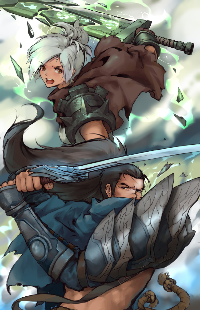 1boy, 1girl, absurdres, armor, black_hair, brown_eyes, gauntlets, gloves