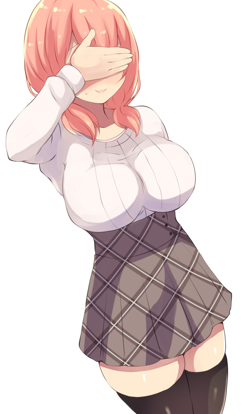 1girl, bang_dream!, black_legwear, blush, breasts, censored, closed_mouth, covering_eyes