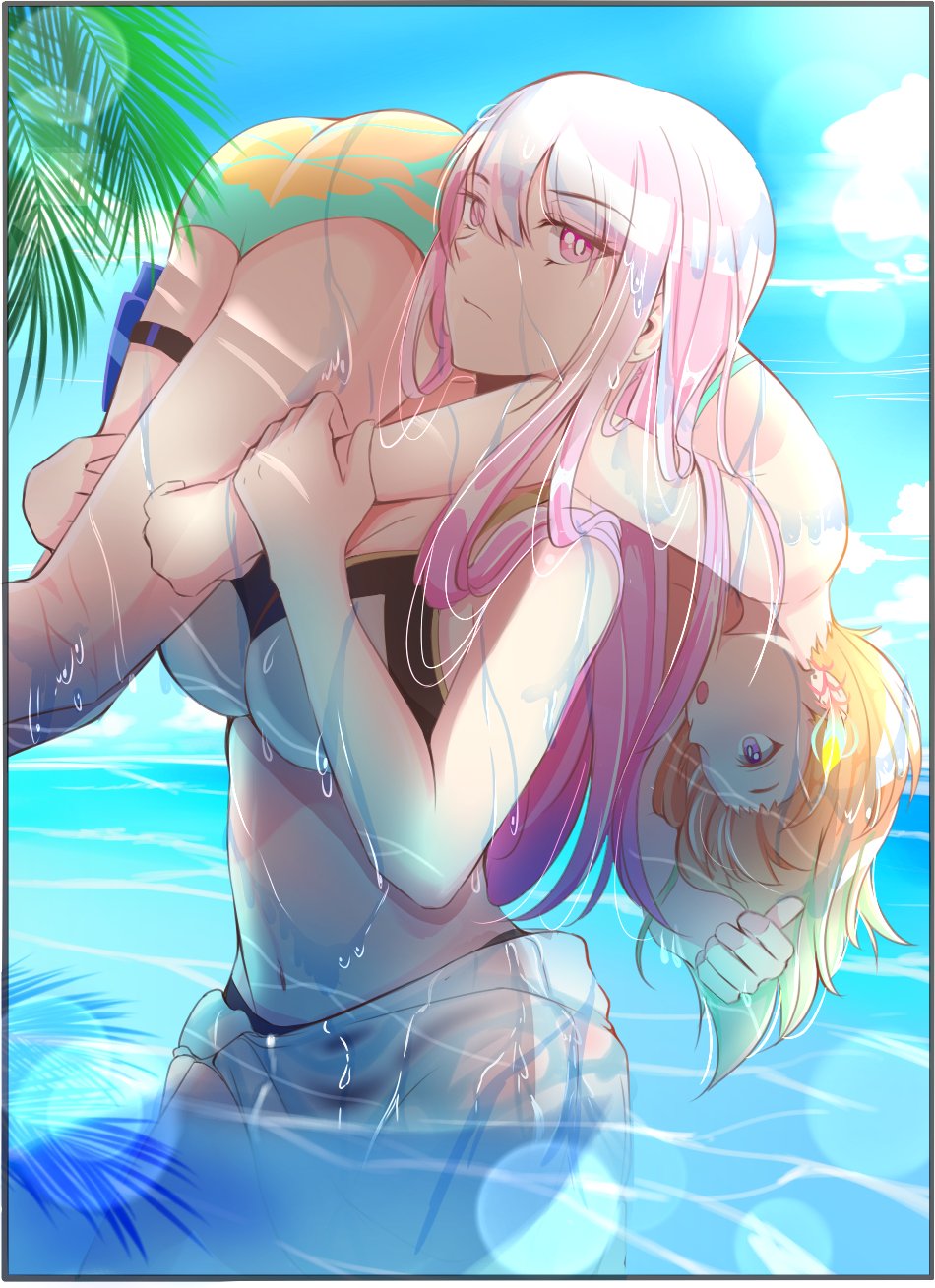 bangs, bikini, blunt_bangs, carrying, carrying_over_shoulder, eyebrows_visible_through_hair, fireman's_carry, highres