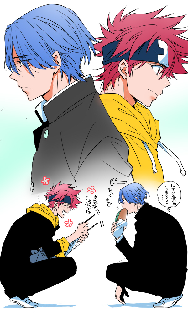 2boys, back-to-back, blue_eyes, blue_hair, closed_mouth, eating, food, from_side