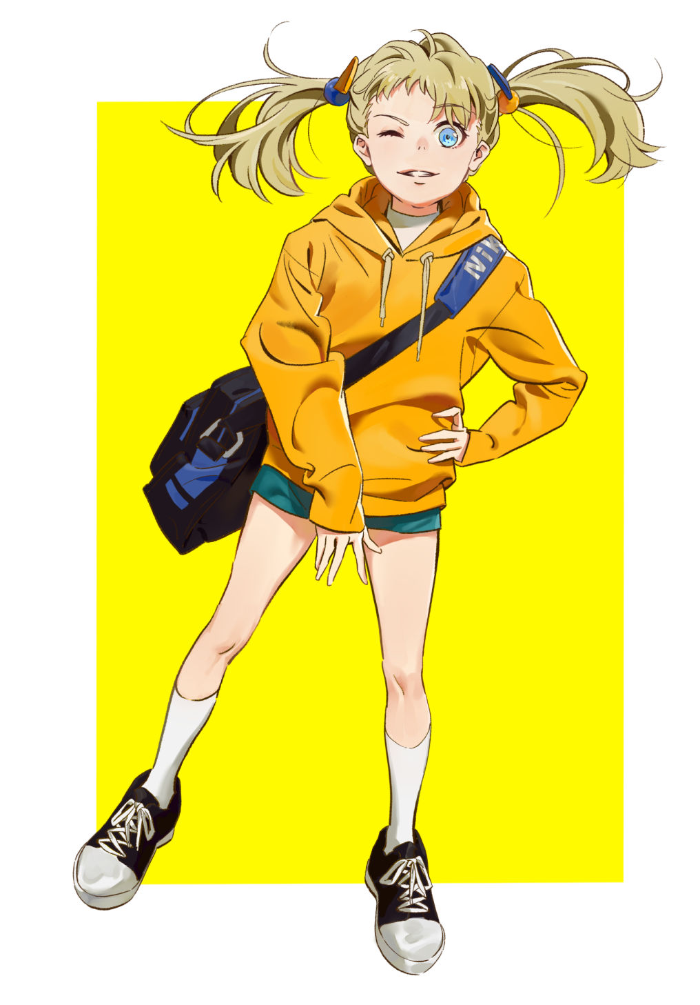 1girl, ;), bag, black_footwear, blue_eyes, full_body, hair_ornament, hand_on_hip