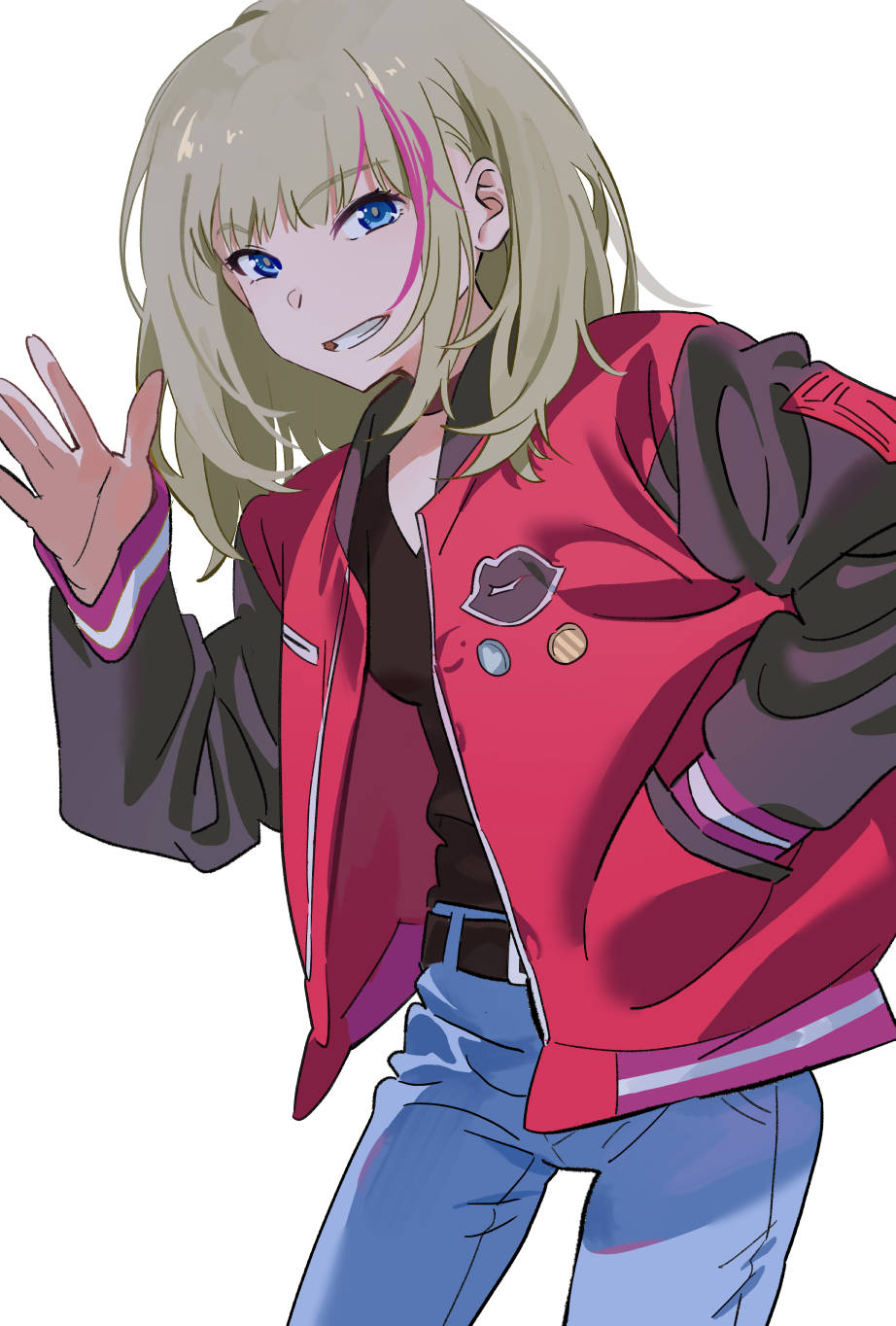 1girl, badge, belt, black_shirt, blue_eyes, button_badge, denim, hand_in_pocket, hand_up, highres, jacket, jeans, kawai_rika, kesyuuu, light_brown_hair, long_sleeves, medium_hair, multicolored_hair, pants, shirt, simple_background, smile, solo, standing, streaked_hair, wonder_egg_priority