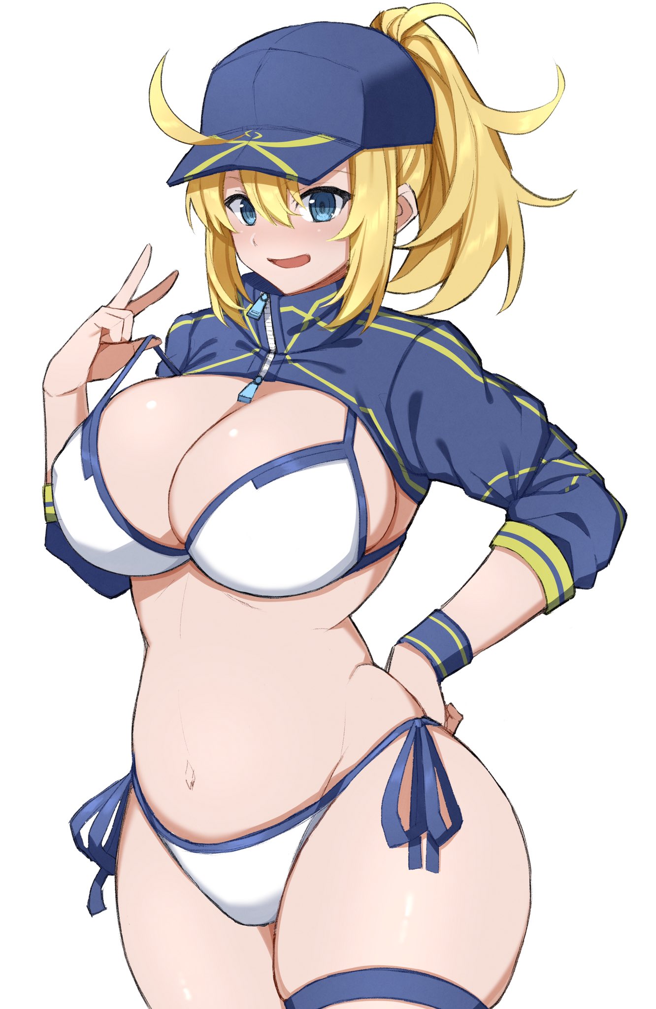 1girl, ahoge, artoria_pendragon_(all), baseball_cap, bikini, blonde_hair, blue_eyes, blue_headwear, blue_jacket, blush, breasts, closed_mouth, commentary_request, cropped_jacket, eyebrows_visible_through_hair, fate/grand_order, fate_(series), hair_between_eyes, hair_through_headwear, hand_on_hip, hand_up, hat, highres, imuzi, jacket, looking_at_viewer, medium_breasts, medium_hair, midriff, mysterious_heroine_xx_(foreigner), navel, ponytail, shrug_(clothing), side-tie_bikini, simple_background, smile, solo, swimsuit, v, white_background, white_bikini