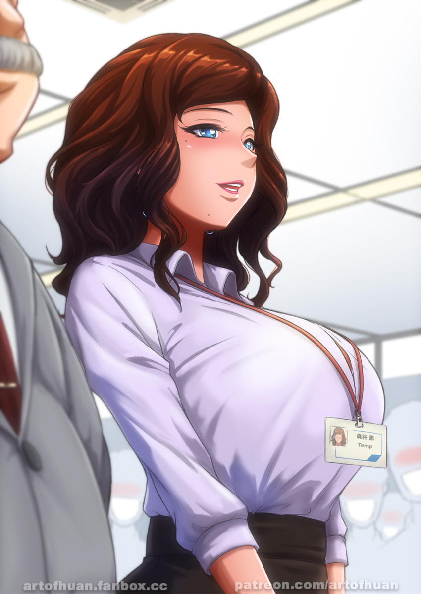 1boy, 1girl, artofhuan, black_skirt, blue_eyes, blush, breasts, brown_hair