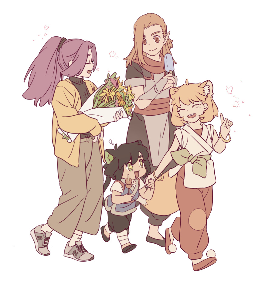 +_+, :d, animal_ears, bangle, bangs, black_footwear, blonde_hair, bouquet, bracelet, brown_eyes, brown_hair, cat_ears, cat_tail, character_request, closed_eyes, flower, food, highres, jewelry, kesyuuu, long_hair, medium_hair, open_mouth, pointy_ears, pom_pom_(clothes), popsicle, purple_hair, red_footwear, ruoshui_(the_legend_of_luoxiaohei), shoes, skewer, smile, sneakers, tail, the_legend_of_luo_xiaohei, walking