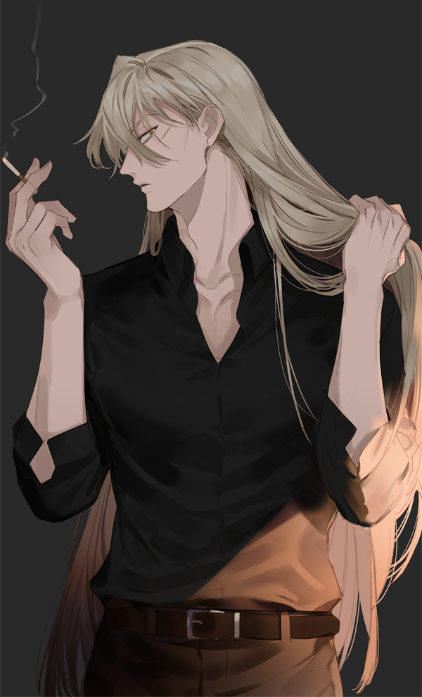 1boy, bangs, belt, between_fingers, black_background, black_shirt, blonde_hair, brown_belt