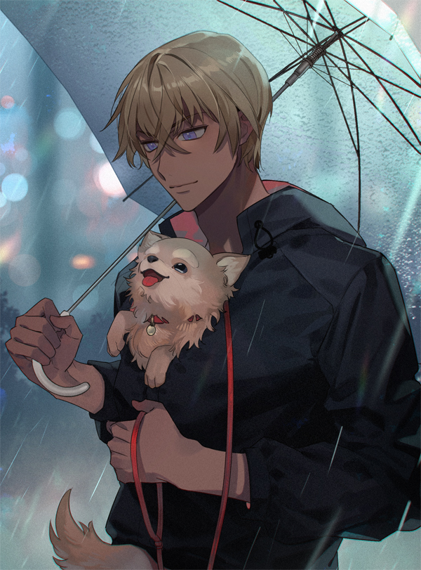 1boy, amuro_tooru, animal, animal_collar, bangs, black_hoodie, blonde_hair, blue_eyes