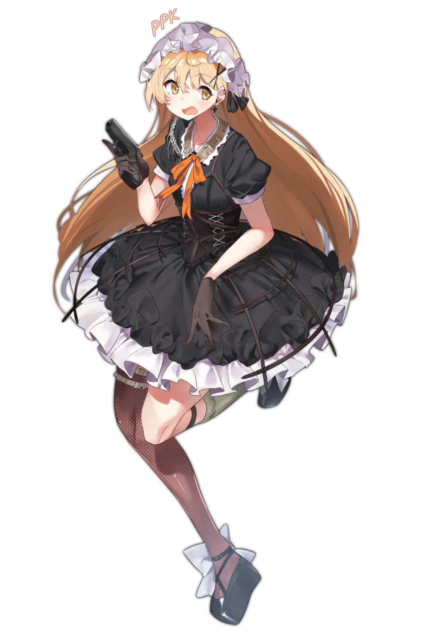 1girl, asymmetrical_legwear, black_gloves, blonde_hair, blush, cross, cross_earrings, dress