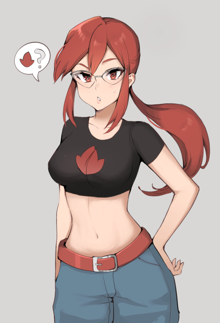 1girl, belt, black_shirt, blue_pants, breasts, cosplay, cowboy_shot, crop_top