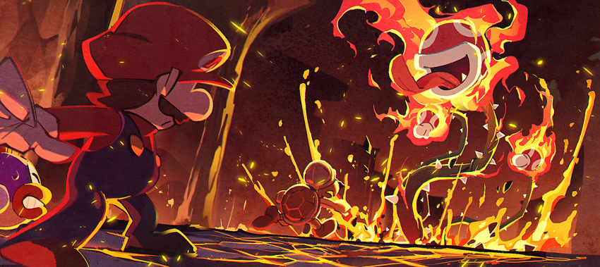 1girl, 2boys, clenched_teeth, facial_hair, fang, fire, gloves, hat, highres, kolorado, lava_piranha, mario, super_mario_bros., motojima_hakka, multiple_boys, mustache, overalls, paper_mario, paper_mario_64, piranha_plant, plant, red_headwear, shell, spikes, standing, sushie, sweat, teeth, tongue, tongue_out, vines, volcano, water, white_gloves