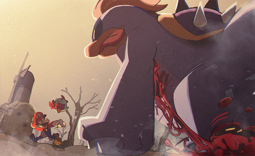 1girl, 2boys, black_sclera, blood, bow, brown_hair, colored_sclera, dust