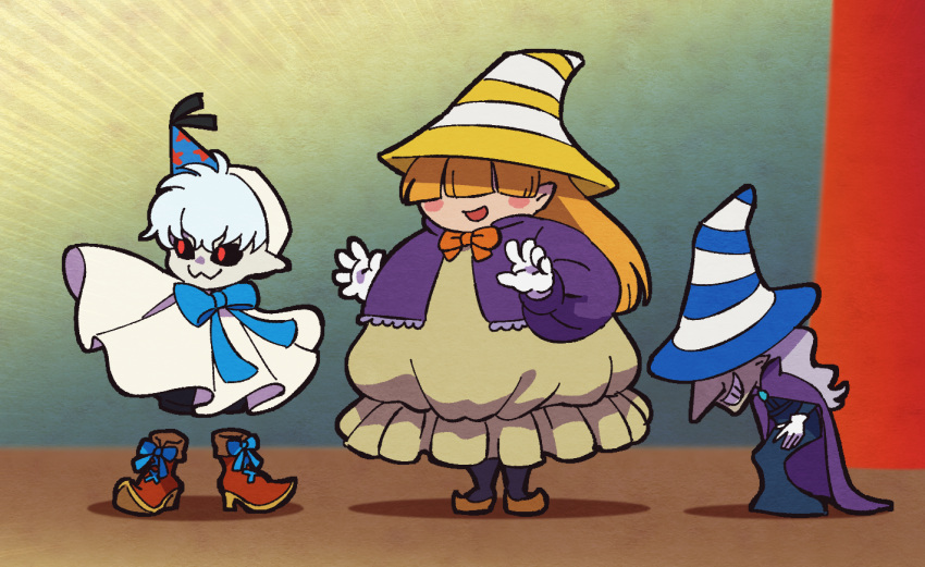 1boy, 2girls, :3, bangs, beldam, black_sclera, blonde_hair, blunt_bangs, boots, bow, bowtie, cape, colored_sclera, doopliss, dress, gloves, grey_hair, grin, hair_over_eyes, hat, hat_over_eyes, long_hair, long_sleeves, marilyn_(paper_mario), super_mario_bros., multiple_girls, open_mouth, pale_skin, paper_mario, paper_mario:_the_thousand_year_door, party_hat, personification, pointy_ears, purple_cape, red_eyes, shadow, shorts, silver_hair, smile, standing, star_(symbol), striped, striped_headwear, ukata, white_cape, white_gloves, witch_hat