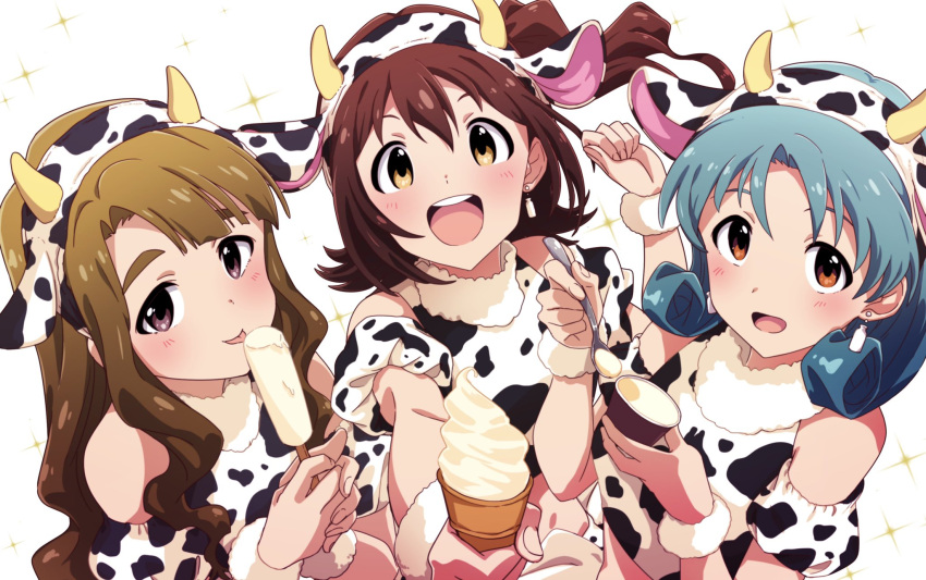 3girls, animal_print, bangs, bare_shoulders, blush, bottle, brown_eyes, brown_hair