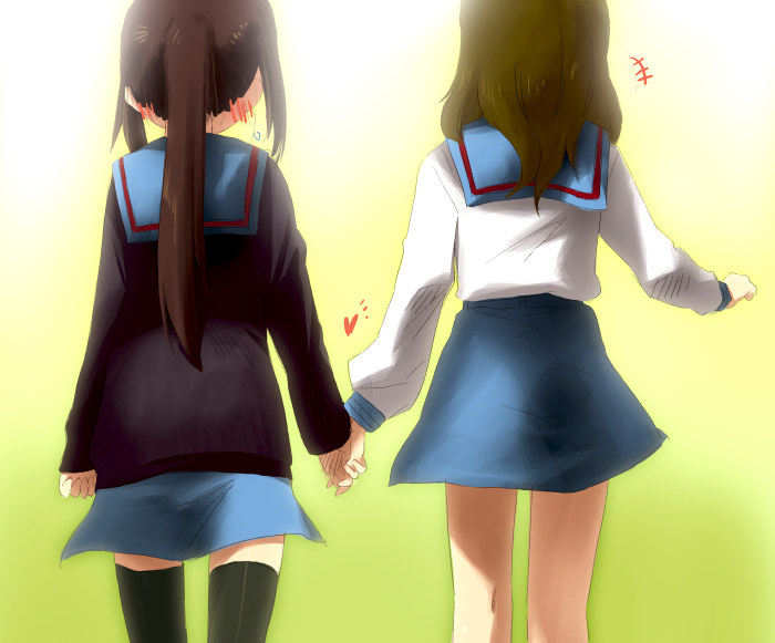 ear_blush, from_behind, genderswap, hand_holding, holding_hands, koizumi_itsuki, koizumi_itsuki_(female), kyon