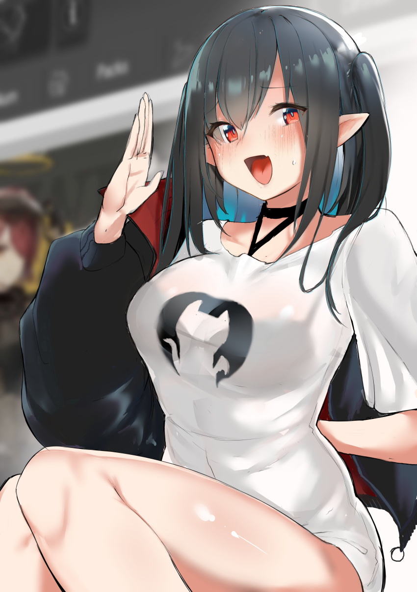 1girl, :d, absurdres, arknights, arm_up, bangs, black_choker, black_hair