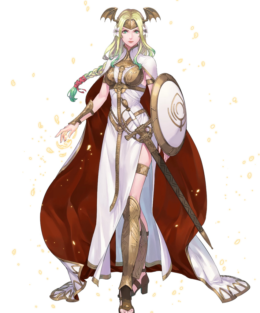 1girl, arm_guards, armor, aureolin31, blonde_hair, braid, cape, chain