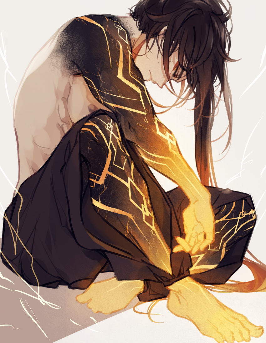 1boy, arm_tattoo, baggy_pants, bangs, barefoot, black_hair, brown_hair, closed_eyes, closed_mouth, crossed_legs, fimyuan, genshin_impact, glowing, highres, leg_tattoo, long_hair, male_focus, multicolored_hair, nipples, pants, ponytail, simple_background, sitting, solo, tattoo, toned, toned_male, topless, zhongli_(genshin_impact)