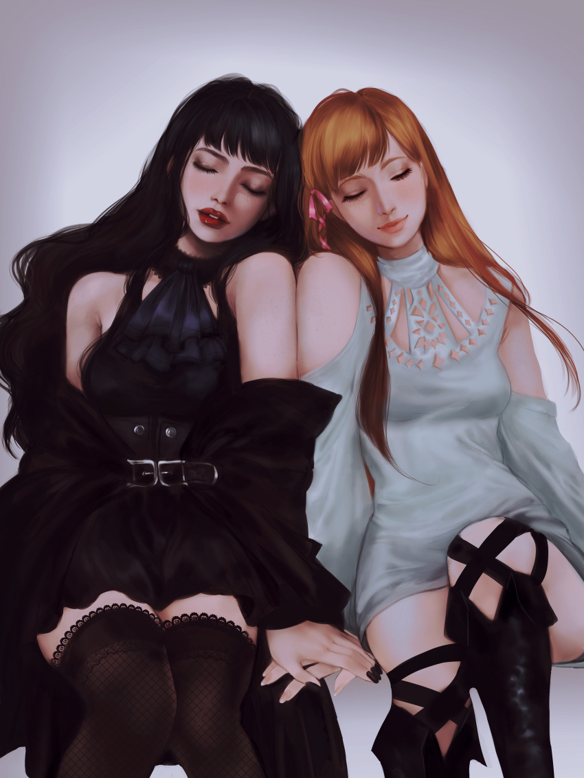 2girls, absurdres, black_dress, black_hair, black_legwear, black_nails, brown_hair, closed_eyes