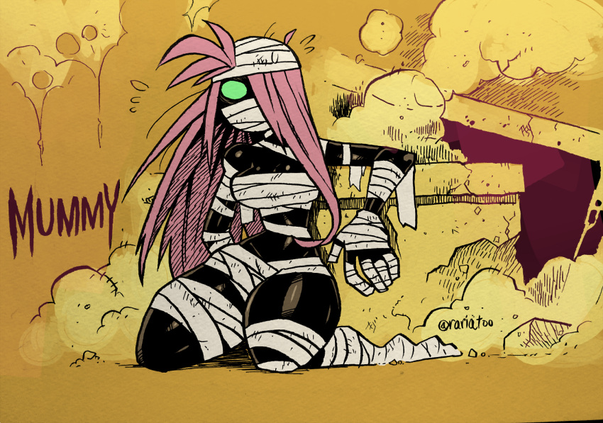 1girl, bandages, black_skin, blank_eyes, breasts, colored_skin, colorized, dark_skin, dark-skinned_female, flying_sweatdrops, green_eyes, ink_(medium), inktober, kneeling, long_hair, looking_at_viewer, medium_breasts, mixed_media, mummy, najma_(rariatto), naked_bandage, original, pink_hair, rariatto_(ganguri), sarcophagus, solo, traditional_media, twitter_username, very_dark_skin