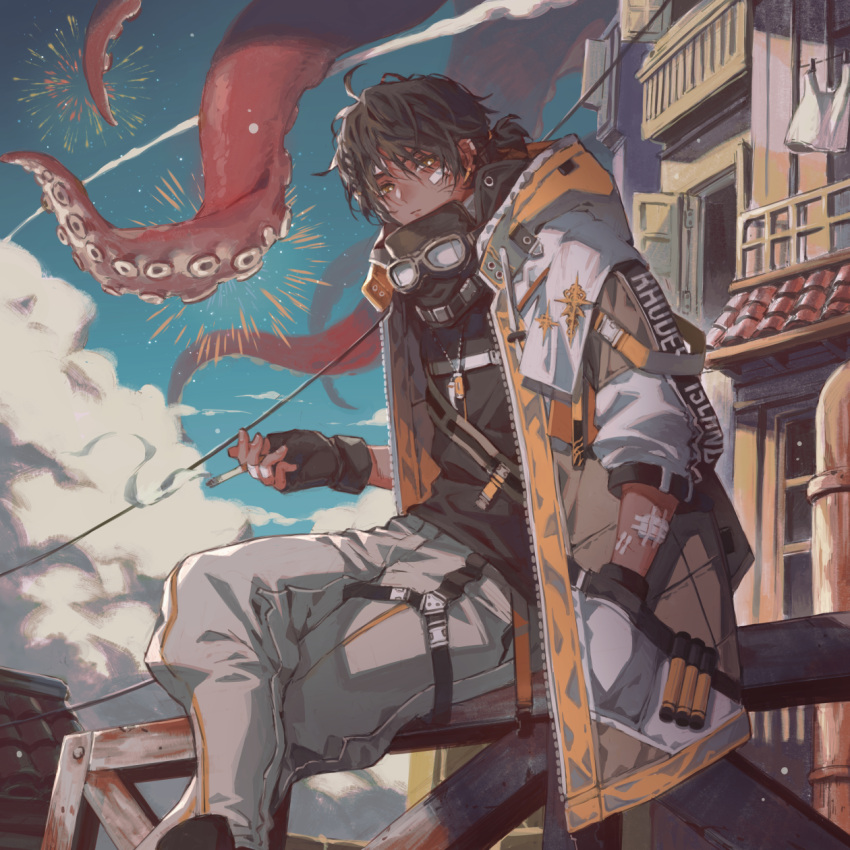 1boy, arknights, bandaid, bandaid_on_face, bangs, black_gloves, black_hair, black_shirt