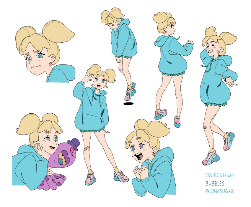 1girl, bandaid, blonde_hair, blue_eyes, bubbles_(ppg), character_name, character_sheet, earrings