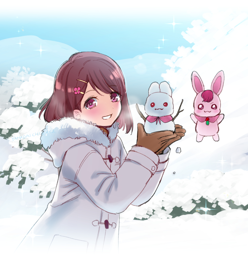 1girl, blush, breath, brown_gloves, brown_hair, coat, commentary_request, day