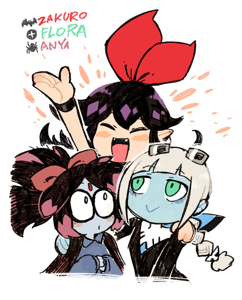 3girls, :>, :d, anya_(rariatto), bangs, black_dress, black_hair, blonde_hair