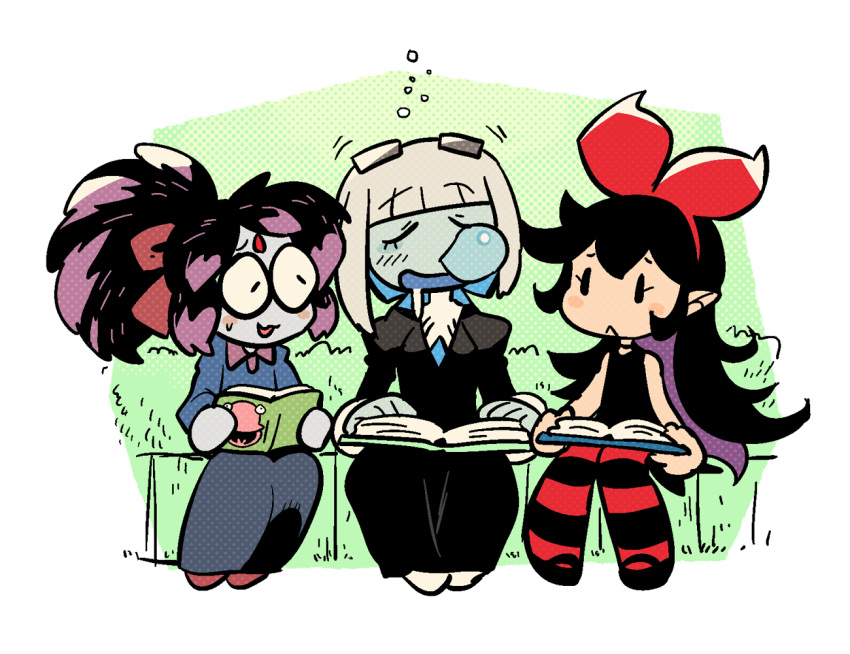3girls, :<, :d, anya_(rariatto), bangs, black_dress, black_hair, blue_shirt