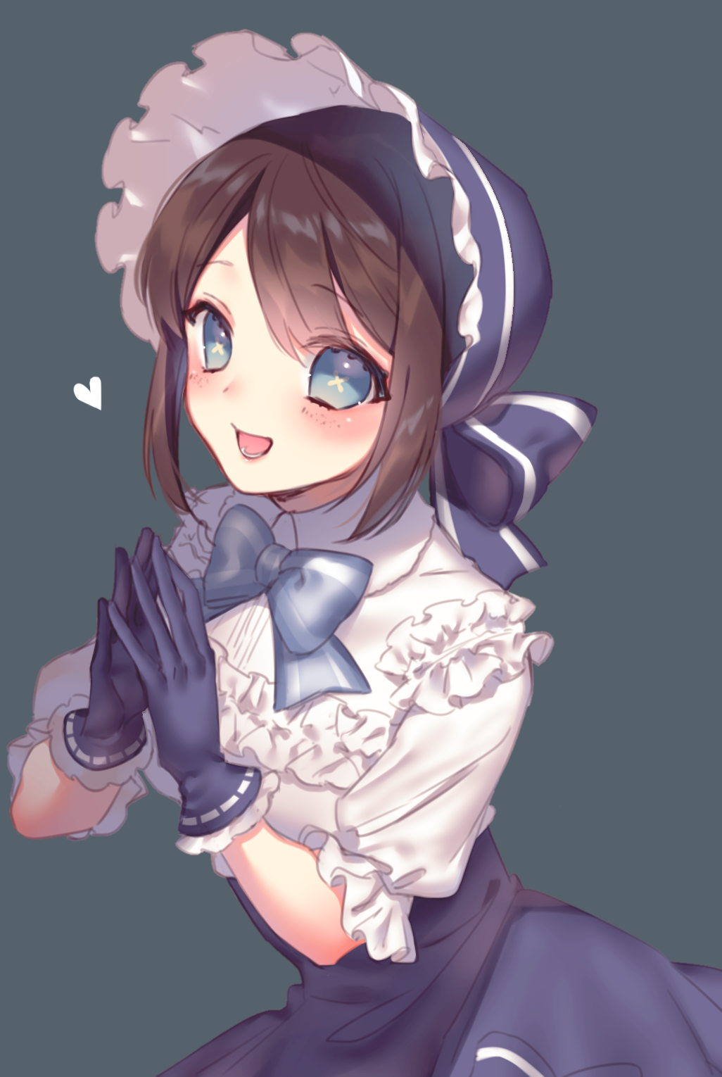 1girl, :d, ai_(blacktea_milk), bangs, black_gloves, blue_eyes, blue_gloves, blue_headwear, blush, bonnet, boudoir_dream_(identity_v), bow, brown_hair, commentary_request, dress, emma_woods, fingers_together, frills, gloves, hands_together, hat, heart, highres, identity_v, looking_at_viewer, lower_teeth, official_alternate_costume, open_mouth, own_hands_together, ribbon, short_hair, short_sleeves, simple_background, skirt, smile, solo