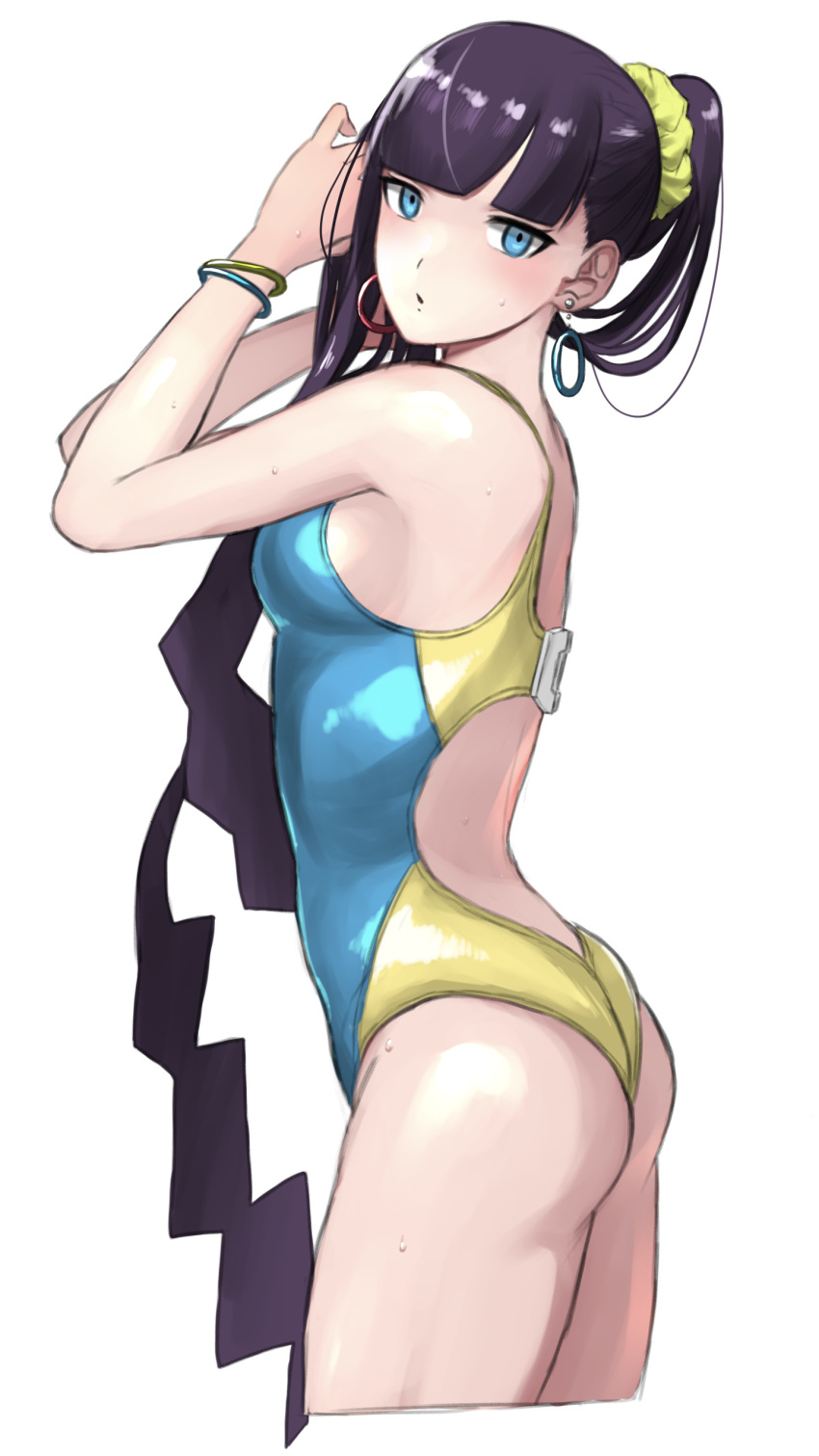 1girl, absurdres, alternate_costume, ass, bangs, black_hair, blue_eyes, blunt_bangs