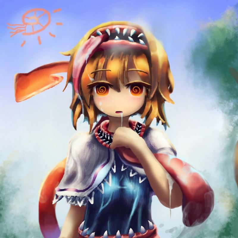 1girl, @_@, alice_margatroid, bangs, blonde_hair, blue_dress, blue_sky, body_horror