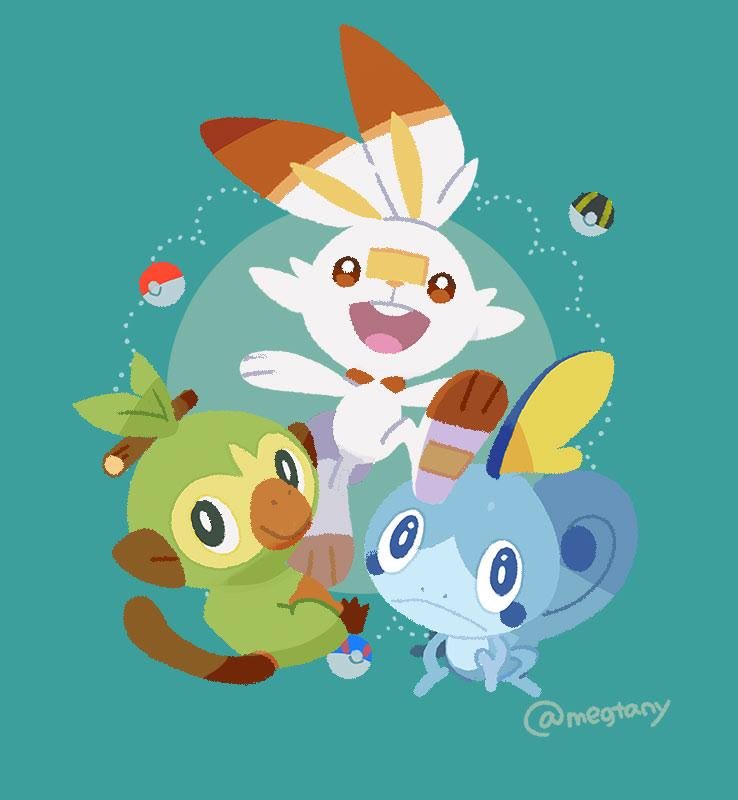 blue_eyes, closed_mouth, commentary_request, fang, gen_8_pokemon, great_ball, green_background, grookey