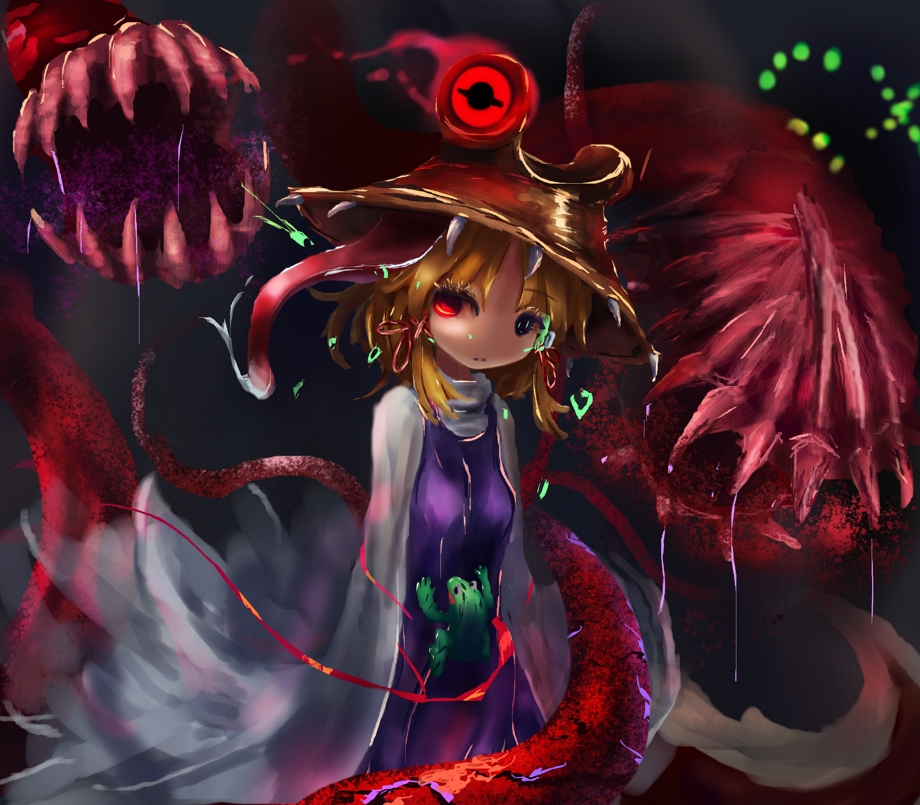 1girl, animal_print, bangs, blonde_hair, brown_headwear, closed_mouth, commentary_request, cookie_(touhou)