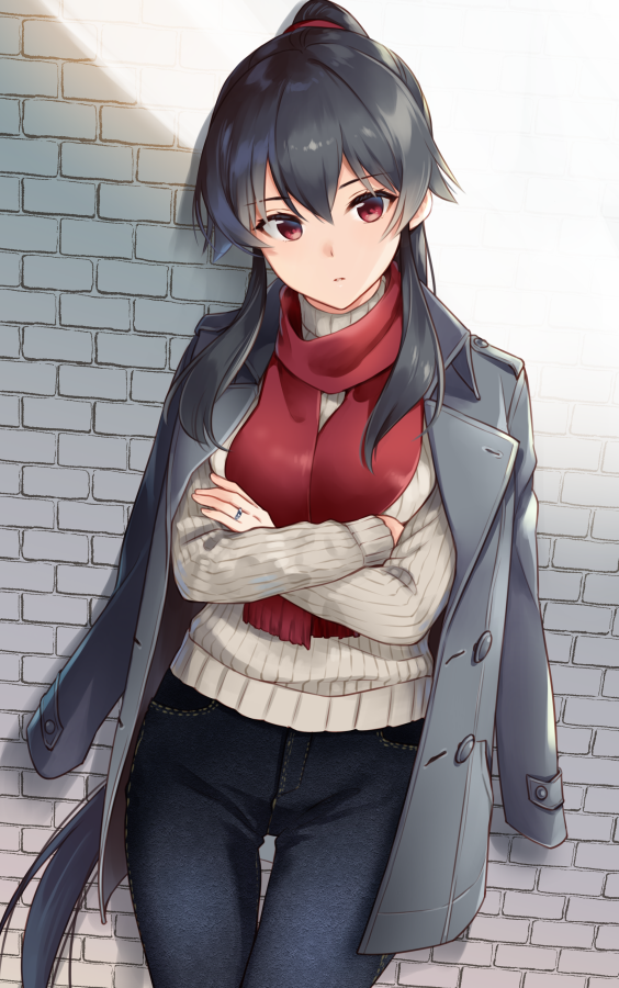 1girl, black_hair, black_pants, blush, buttons, closed_mouth, coat, coat_on_shoulders
