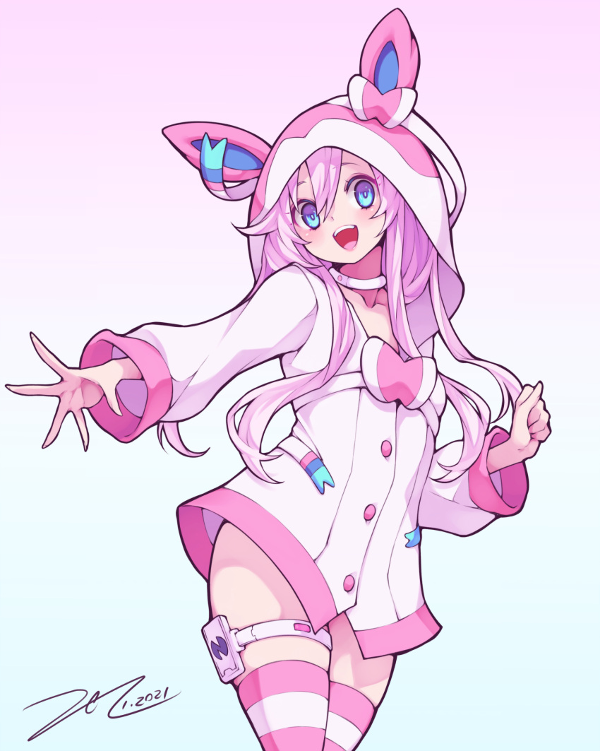 1girl, :d, blue_background, choujigen_game_neptune, commentary_request, cosplay, dated, gen_6_pokemon