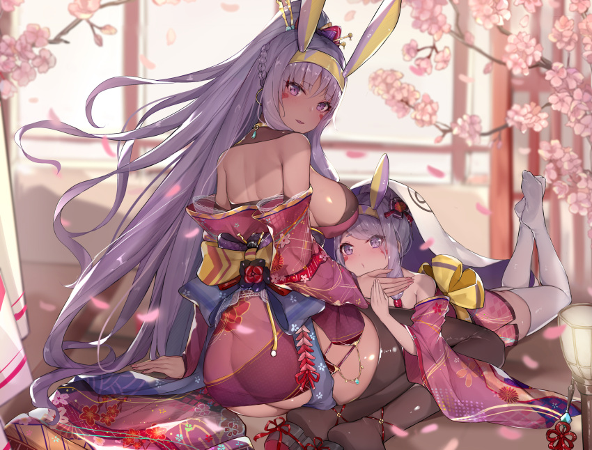 2girls, absurdres, animal_ears, ass, back, bangs, bare_shoulders, black_legwear, blush, braid, breasts, cherry_blossoms, commentary_request, dark_skin, dark-skinned_female, dual_persona, earrings, egyptian, facepaint, facial_mark, fate/grand_order, fate_(series), floral_print, french_braid, hair_tubes, headband, high_ponytail, highres, hoop_earrings, jackal_ears, japanese_clothes, jewelry, kimono, large_breasts, long_hair, long_sleeves, looking_at_viewer, looking_back, multiple_girls, nitocris_(fate/grand_order), obi, off_shoulder, open_mouth, purple_hair, purple_kimono, revision, sash, sherryqq, sidelocks, thigh-highs, thighs, violet_eyes, white_legwear, wide_sleeves, younger